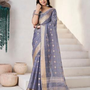 Extraordinary Grey Zari Weaving Linen Silk Saree With Dissemble Blouse Piece