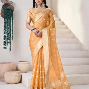 Profuse Yellow Zari Weaving Linen Silk Saree With Enchanting Blouse Piece