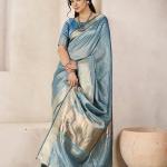 Whimsical Blue Zari Weaving Linen Silk Saree With Enthralling Blouse Piece