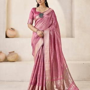 Lagniappe Pink Zari Weaving Linen Silk Saree With Improbable Blouse Piece