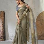 Resplendent Grey Zari Weaving Linen Silk Saree With Splendiferous Blouse Piece