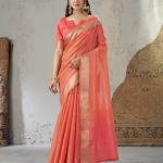 Susurrous Peach Zari Weaving Linen Silk Saree With Enticing Blouse Piece