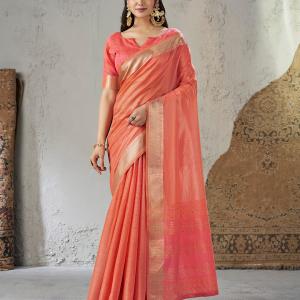 Susurrous Peach Zari Weaving Linen Silk Saree With Enticing Blouse Piece