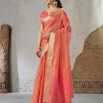 Susurrous Peach Zari Weaving Linen Silk Saree With Enticing Blouse Piece