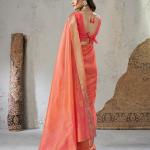 Susurrous Peach Zari Weaving Linen Silk Saree With Enticing Blouse Piece