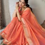 Susurrous Peach Zari Weaving Linen Silk Saree With Enticing Blouse Piece