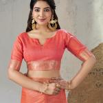 Susurrous Peach Zari Weaving Linen Silk Saree With Enticing Blouse Piece