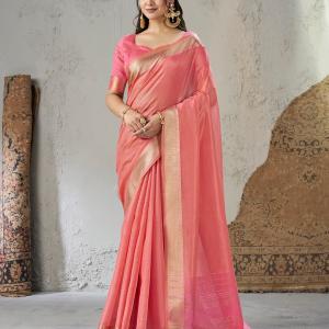 Skinny Pink Zari Weaving Linen Silk Saree With Seraglio Blouse Piece