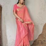 Skinny Pink Zari Weaving Linen Silk Saree With Seraglio Blouse Piece