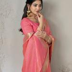 Skinny Pink Zari Weaving Linen Silk Saree With Seraglio Blouse Piece