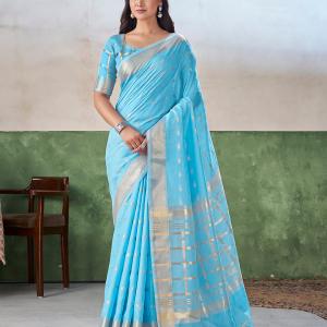 Scintilla Firozi Zari Weaving Linen Silk Saree With Adorable Blouse Piece