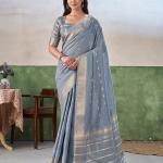 Flameboyant Grey Zari Weaving Linen Silk Saree With Blissful Blouse Piece