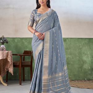 Flameboyant Grey Zari Weaving Linen Silk Saree With Blissful Blouse Piece