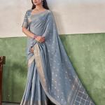 Flameboyant Grey Zari Weaving Linen Silk Saree With Blissful Blouse Piece