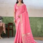 Proficient Pink Zari Weaving Linen Silk Saree With Exuberant Blouse Piece