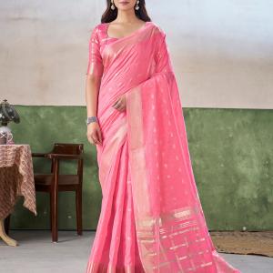 Proficient Pink Zari Weaving Linen Silk Saree With Exuberant Blouse Piece