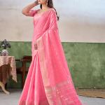 Proficient Pink Zari Weaving Linen Silk Saree With Exuberant Blouse Piece