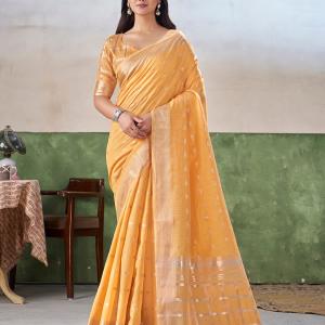 Vivacious Yellow Zari Weaving Linen Silk Saree With Hypnotic Blouse Piece