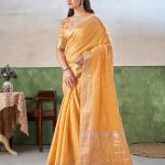 Vivacious Yellow Zari Weaving Linen Silk Saree With Hypnotic Blouse Piece