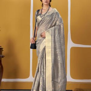 Murmurous Grey Zari Weaving Linen Silk Saree With Sophisticated Blouse Piece