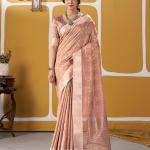 Resonant Peach Zari Weaving Linen Silk Saree With Excellent Blouse Piece