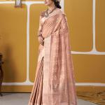 Resonant Peach Zari Weaving Linen Silk Saree With Excellent Blouse Piece