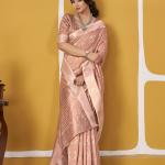 Resonant Peach Zari Weaving Linen Silk Saree With Excellent Blouse Piece