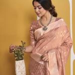 Resonant Peach Zari Weaving Linen Silk Saree With Excellent Blouse Piece