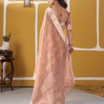 Resonant Peach Zari Weaving Linen Silk Saree With Excellent Blouse Piece