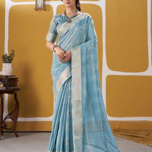 Transcendent Sky Zari Weaving Linen Silk Saree With Elegant Blouse Piece