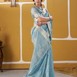 Transcendent Sky Zari Weaving Linen Silk Saree With Elegant Blouse Piece