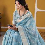 Transcendent Sky Zari Weaving Linen Silk Saree With Elegant Blouse Piece