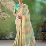 Staring Multicolor Zari Weaving Linen Silk Saree With Precious Blouse Piece