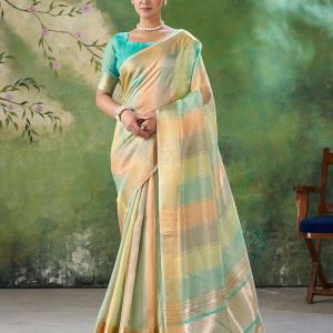Staring Multicolor Zari Weaving Linen Silk Saree With Precious Blouse Piece
