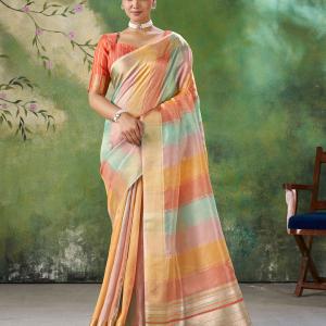 Mesmerising Multicolor Zari Weaving Linen Silk Saree With Enigmatic Blouse Piece