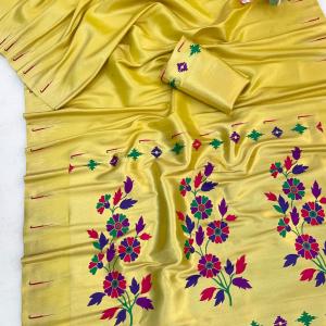 Flattering Yellow Tissue Silk Paithani Saree With Embrocation Blouse Piece