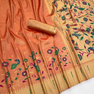Profuse Peach Tissue Silk Paithani Saree With Enchanting Blouse Piece