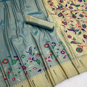 Entrancing Sky Tissue Silk Paithani Saree With Invaluable Blouse Piece
