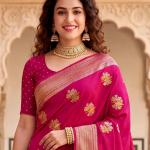 Resonant Dark Pink Banarasi Khadi Silk Saree With Mellifluous Blouse Piece