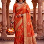 Refreshing Orange Banarasi Khadi Silk Saree With Exuberant Blouse Piece