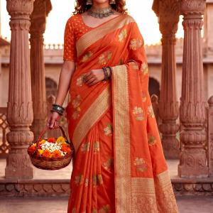 Refreshing Orange Banarasi Khadi Silk Saree With Exuberant Blouse Piece
