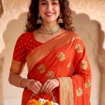 Refreshing Orange Banarasi Khadi Silk Saree With Exuberant Blouse Piece