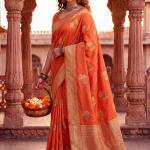 Refreshing Orange Banarasi Khadi Silk Saree With Exuberant Blouse Piece