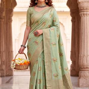 Ratatouille Pista Banarasi Khadi Silk Saree With Gorgeous Blouse Piece