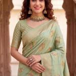 Ratatouille Pista Banarasi Khadi Silk Saree With Gorgeous Blouse Piece