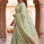 Ratatouille Pista Banarasi Khadi Silk Saree With Gorgeous Blouse Piece