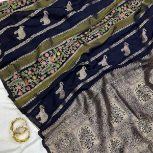 Panache Black Banarasi Tissue Silk Saree With Fancifull Blouse Piece