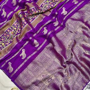 Vivacious Purple Banarasi Tissue Silk Saree With Hypnotic Blouse Piece