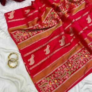 Murmurous Red Banarasi Tissue Silk Saree With Sophisticated Blouse Piece