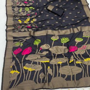 Winsome Black Khadi Georgette Banarasi Silk Saree With Enamoring Blouse Piece